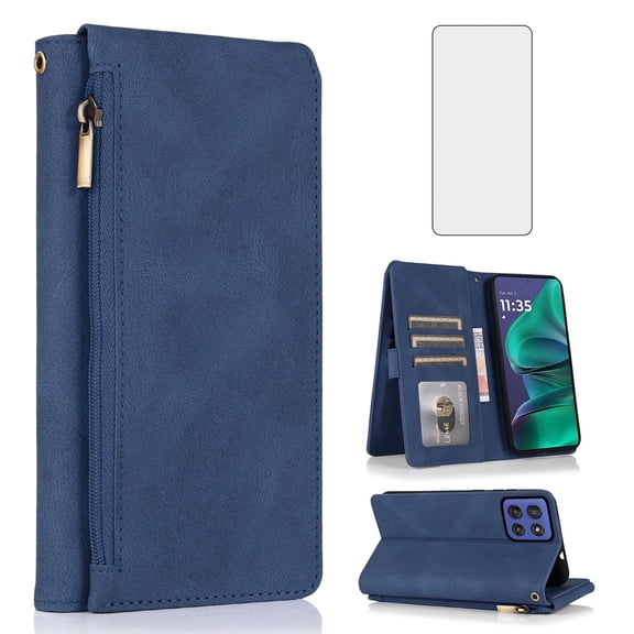 Asuwish Wallet Kickstand Hard Shell Cell Phone Case with Tempered Glass Screen Protector for Motorola Moto G Stylus 5G 2025, Blue