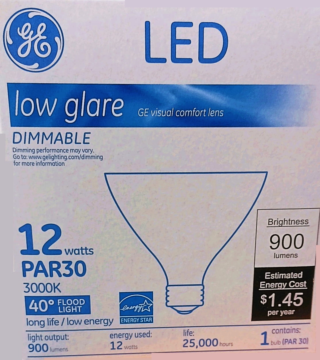 (case of 6) GE 84380 LED PAR30 Flood Light Bulb,  LED Directional Lamp, White, 3000K, 900 series, Dimmable, 12 watt 900 lumens LED light bulb, LED12DP30RW93040