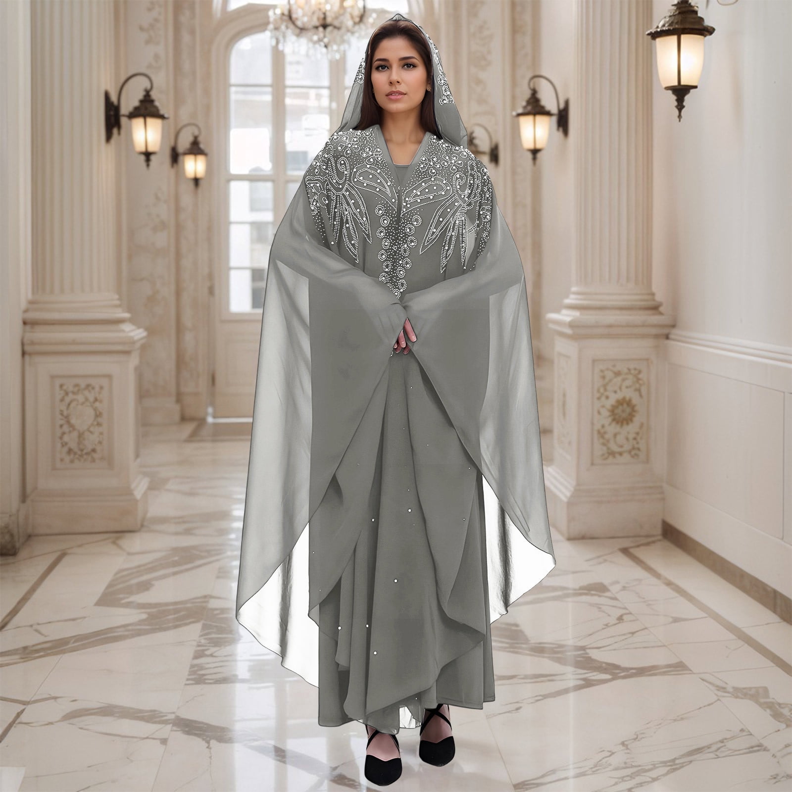 Long Sleeve Shirts for Women, Muslim Dress for Women Loose Batwing Sleeved Hooded Beaded Embroidery Long Abaya Dress Kaftan Abayas Islamic Robe