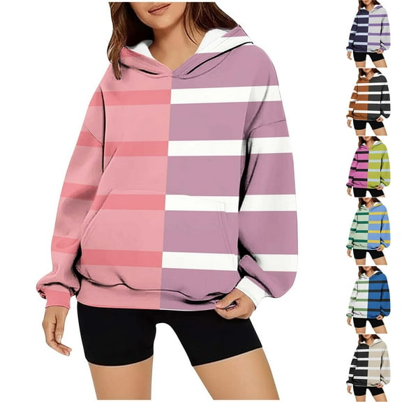 Olyvenn Crewneck Hoodies for Women Fashion 2025 Cute Long Sleeve Pullover Tops Oversized Striped Color Block Sweatshirts Coffee M