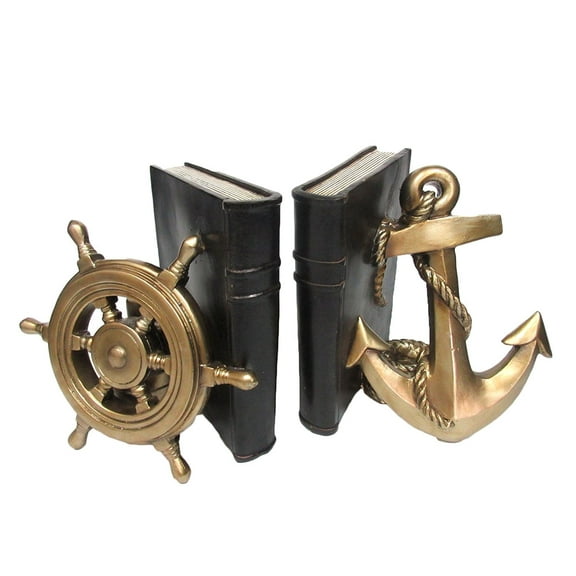 Ebros Rustic Nautical Ship Wheel and Anchor Decorative Bookends Set 7 Inch Tall
