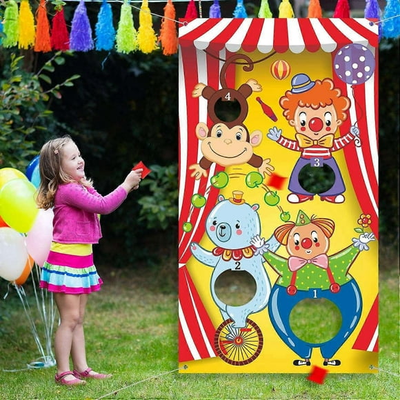 Carnival clown throwing game banner with bean bags for children and adults at carnival party event