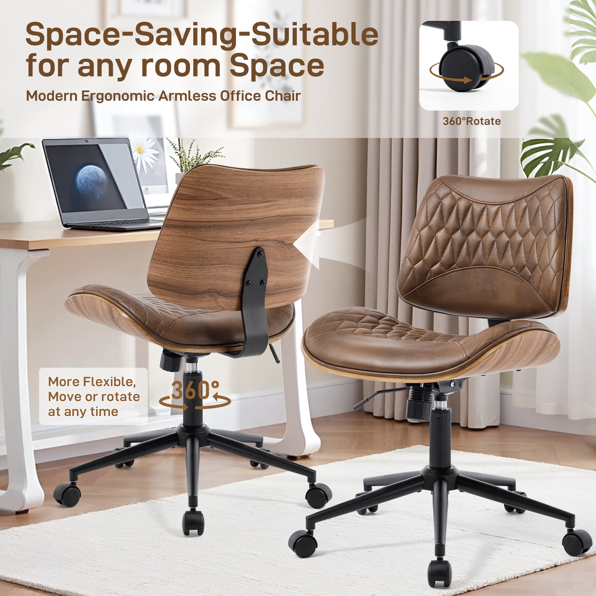 Home Office Desk Chair with Wheels, Armless Breathable PU Leather Office Chair, Swivel Ergonomic Computer Chair for Compact Space, Height-Adjustable Modern Walnut Chair with Rocking Function