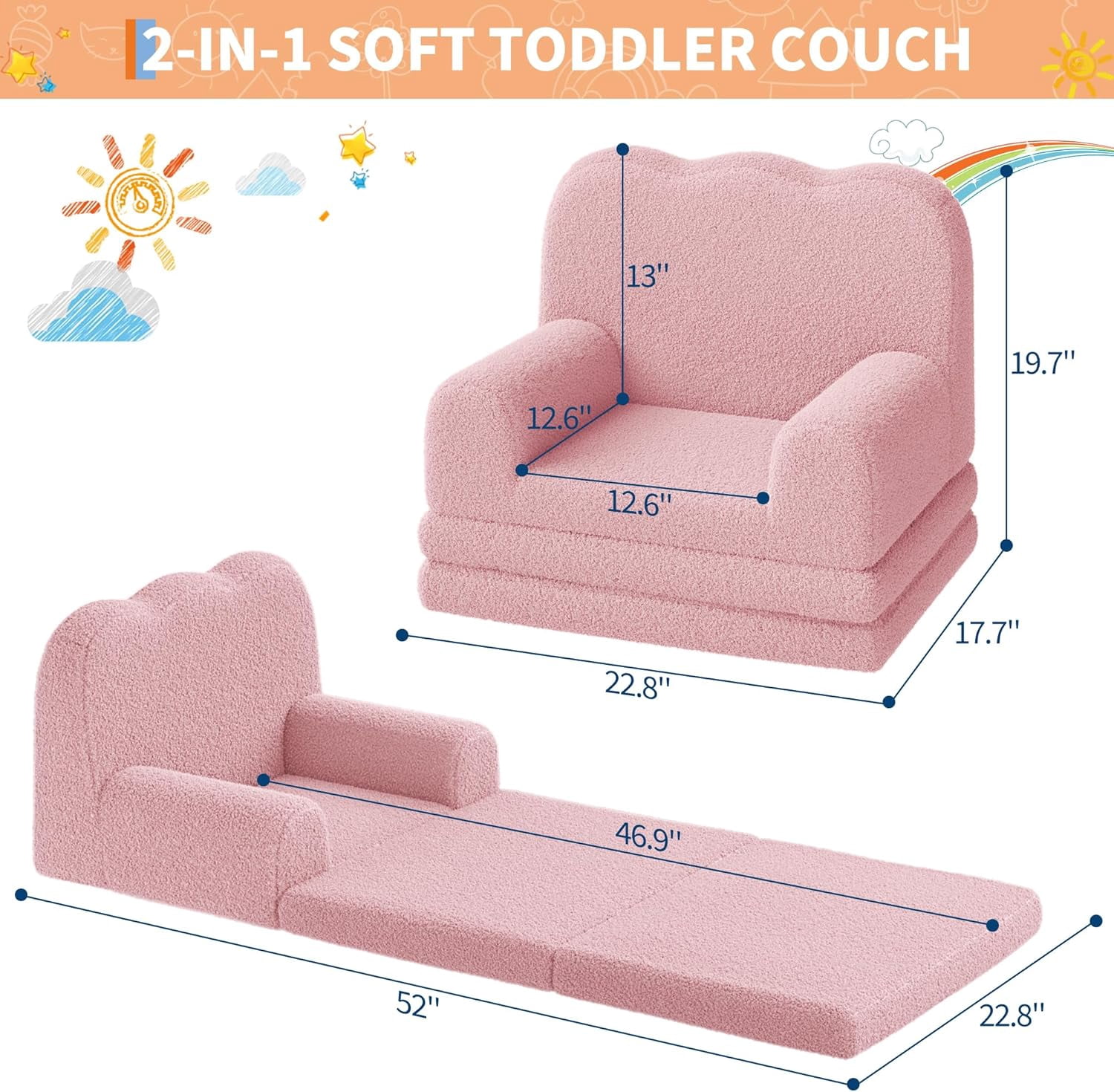 Kids Couch, 2-in-1 Convertible Teddy Fleece Fabric Toddler Sofa Chair, Soft Fold Out Couch Lounger for Kids, Comfy Children's Sofa Bed for Playroom, Nursery, Birthday Gift (Pink)