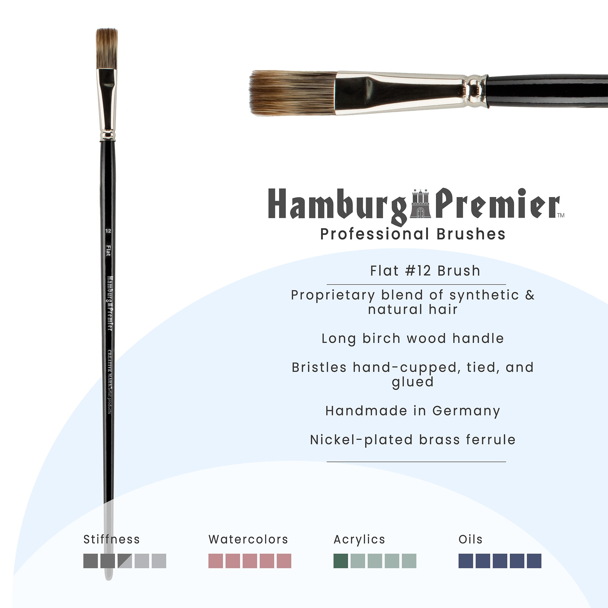 Creative Mark Hamburg Premiere Professional Oil Painting Brushes - Flat #12 Oil Paint Brush - Handmade in Germany, Natural & Synthetic Hair Blend, Long Triple-Lacquered Birch Handle