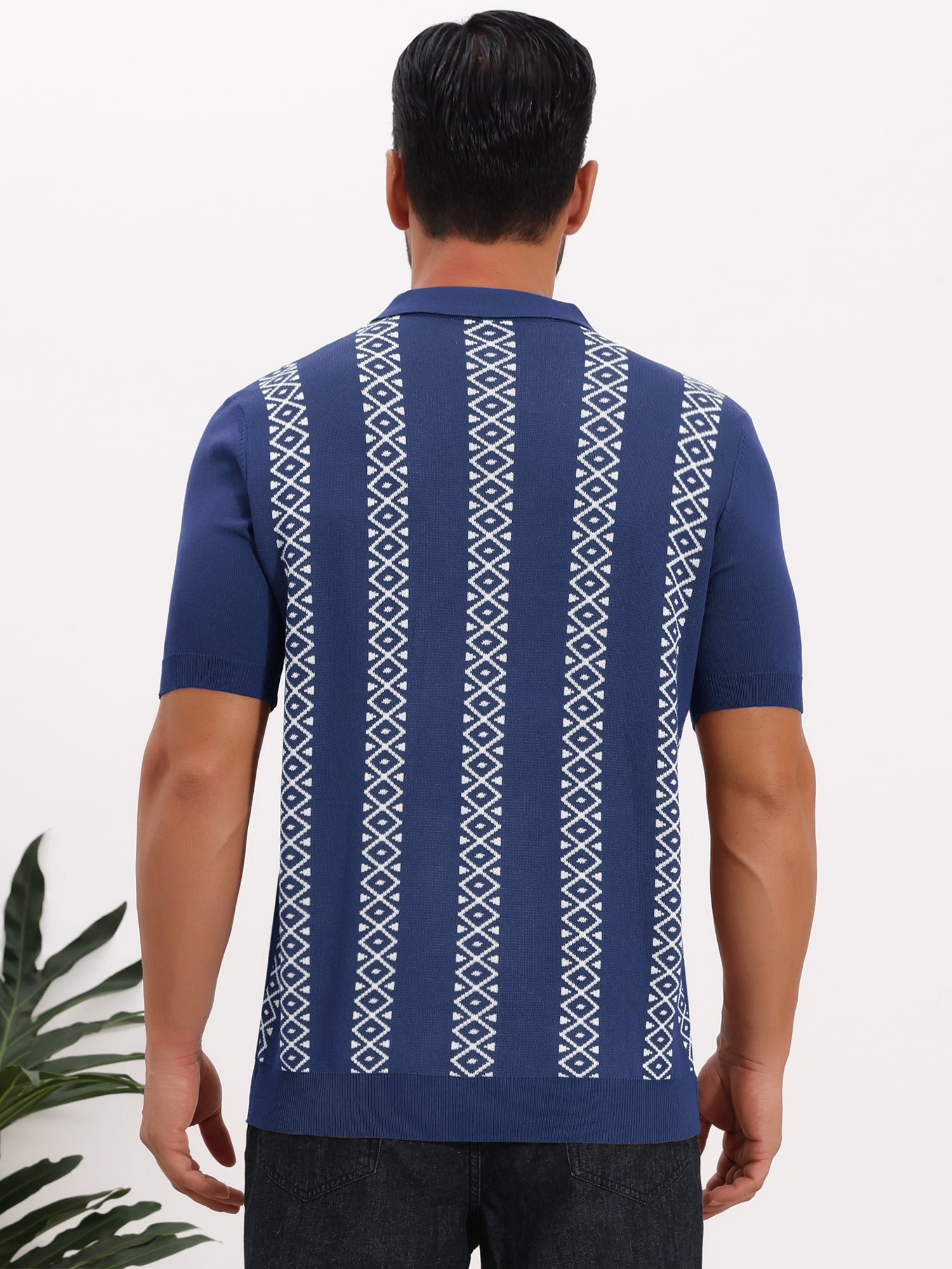 DARING DIVA Men's Jacquard Short Sleeve Button Down Knitted Golf Polo Shirts L Navy Blue
