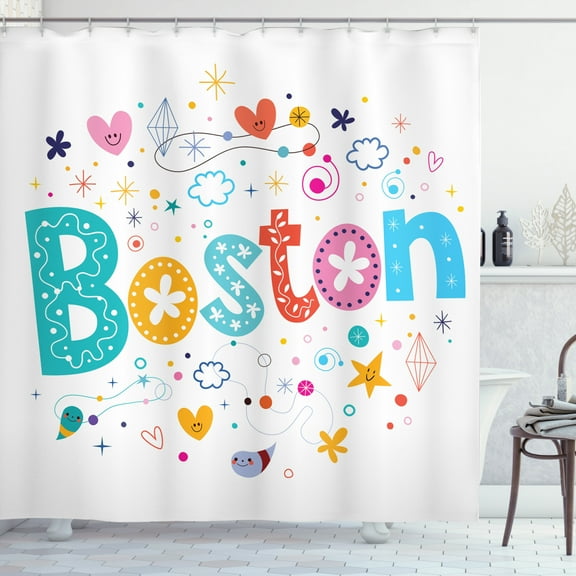 Boston Shower Curtain, Doodle Hand Drawn Icons of Stars Hearts Droplets Diamonds Puffy Clouds and Flowers, Fabric Bathroom Set with Hooks, 69W X 70L Inches, Multicolor, by Ambesonne