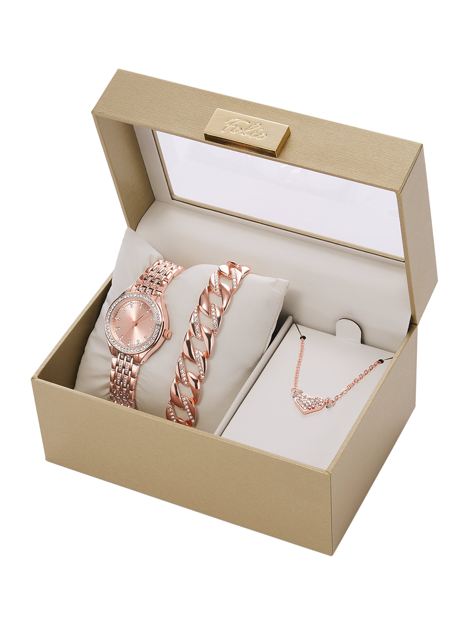 Folio Women's Gift Set; Rose Gold Tone Bracelet Watch, Clear Stone Case and Rose Gold Link Bracelet and Necklace with Heart Pendant(FMDAL1172)