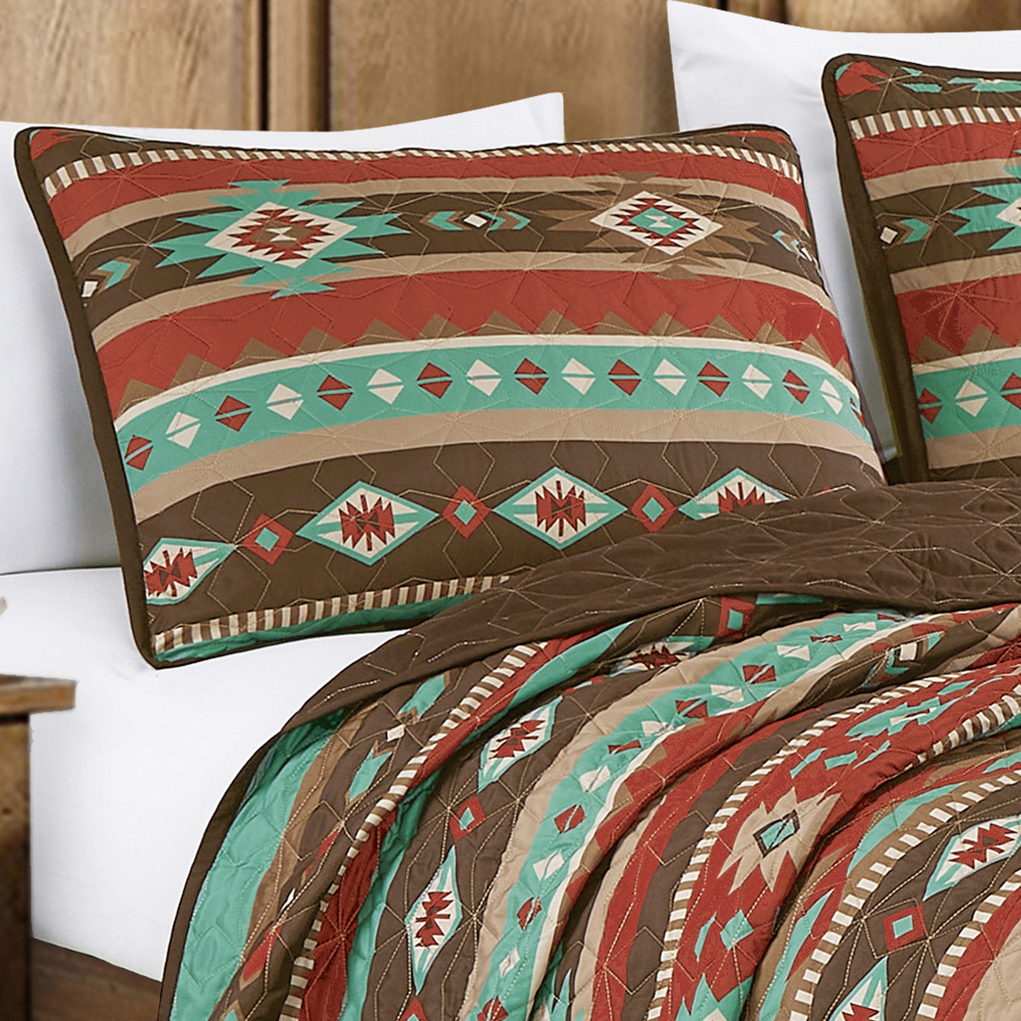 Brown, Teal & Red Cowboy Southwestern Pattern 3-Piece Reversible Bedspread Set,King