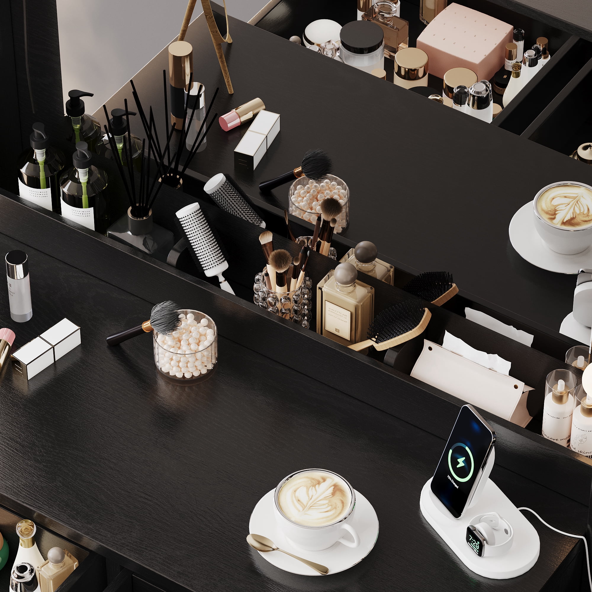 UGTOO 35.4" Modern Makeup Vanity Set with LED Lights & Charging Hub - Black/Wood Dressing Table, 5 Drawers, Stool, Convertible Desk for Small Spaces