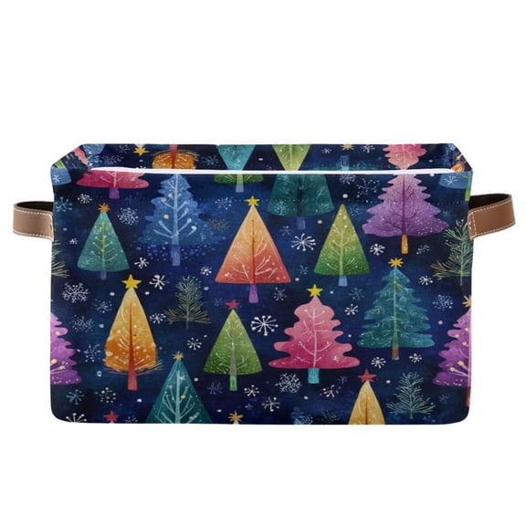 1-Pack Square Closet Organizers with Handles Open Basket Bins Colorful Christmas Trees Pattern Storage Basket for Home Office