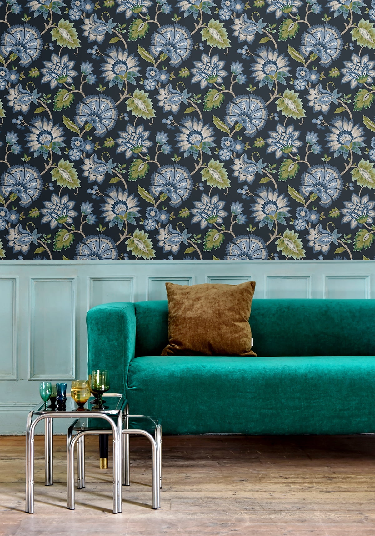 NextWall Midnight Blue Jacobean Blossom Floral Peel and Stick Wallpaper