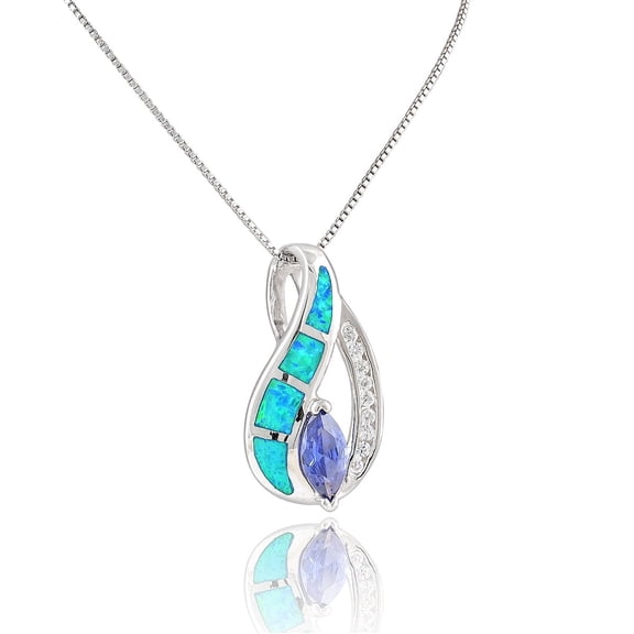 SilverCloseOut Sterling Silver Created Blue Opal Cz Tear Drop Charm Necklace