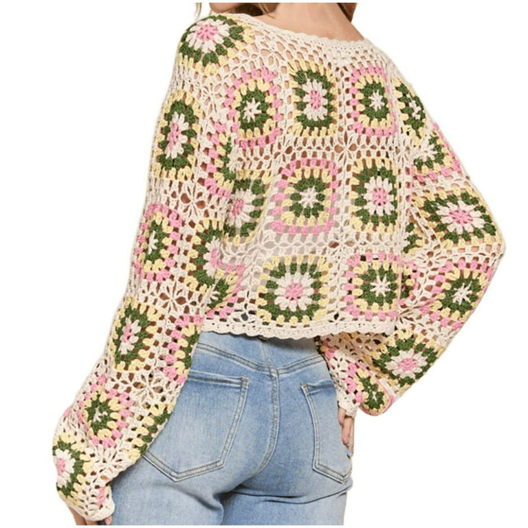 Womens Crochet Tops Flower Square Knitted Pullover Hollow Out Long