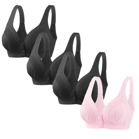Kyusrd Front Open Bras For Women Button No Steel Ring Lace Pattern Wirefree Closeure Nursing Middle-Aged And Elderly Underwear Solid Color Oversized Push Up Lactation Open Seamless Daily Bra 4Pcs