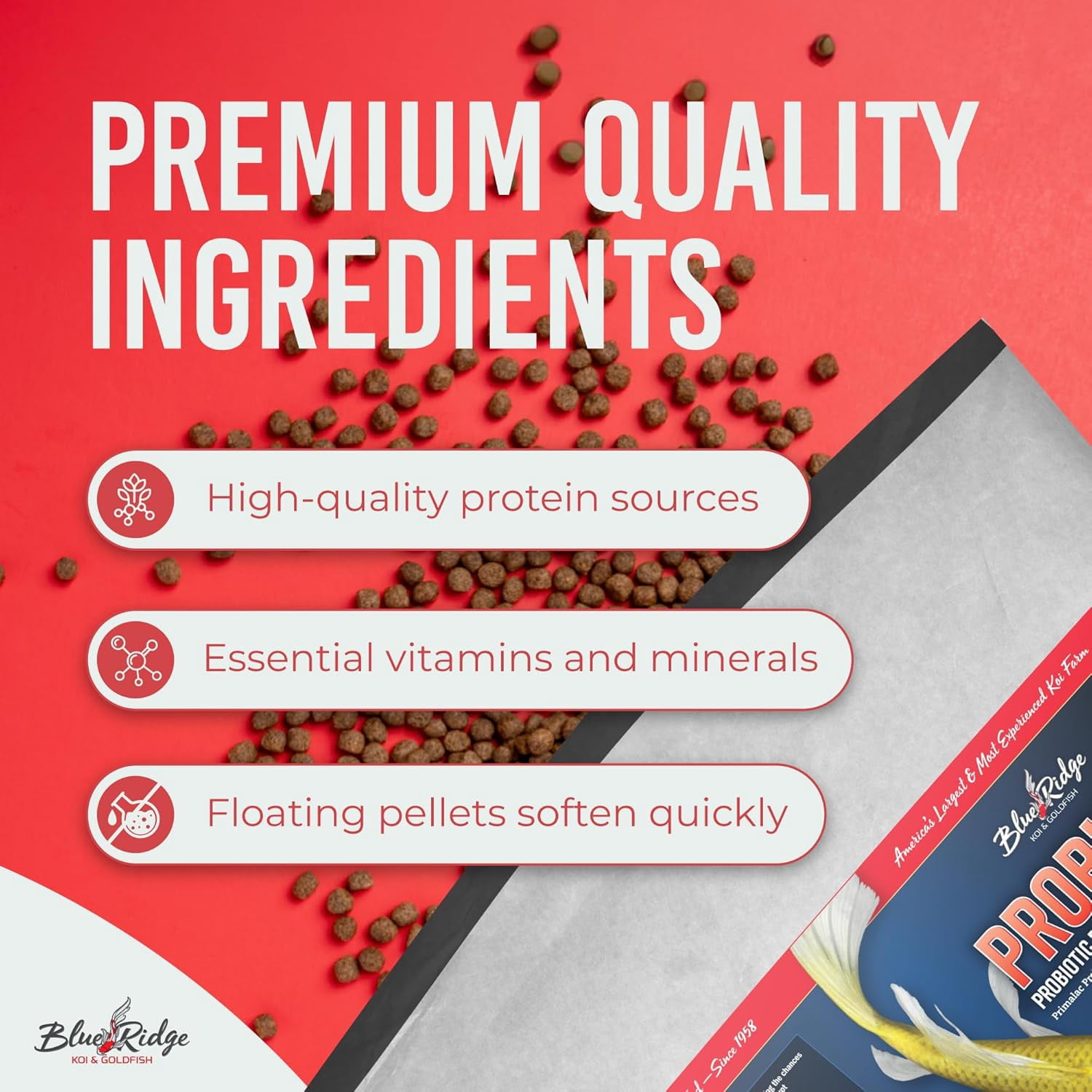 Blue Ridge Koi Fish Food 25lb - Koi Food 3/16” Probiotic Plus, Goldfish Food, Premium Fish Food for Ponds, Ponds Fish Food, Koi Food Fall and Winter Fish Food, Floating Pond Pellets