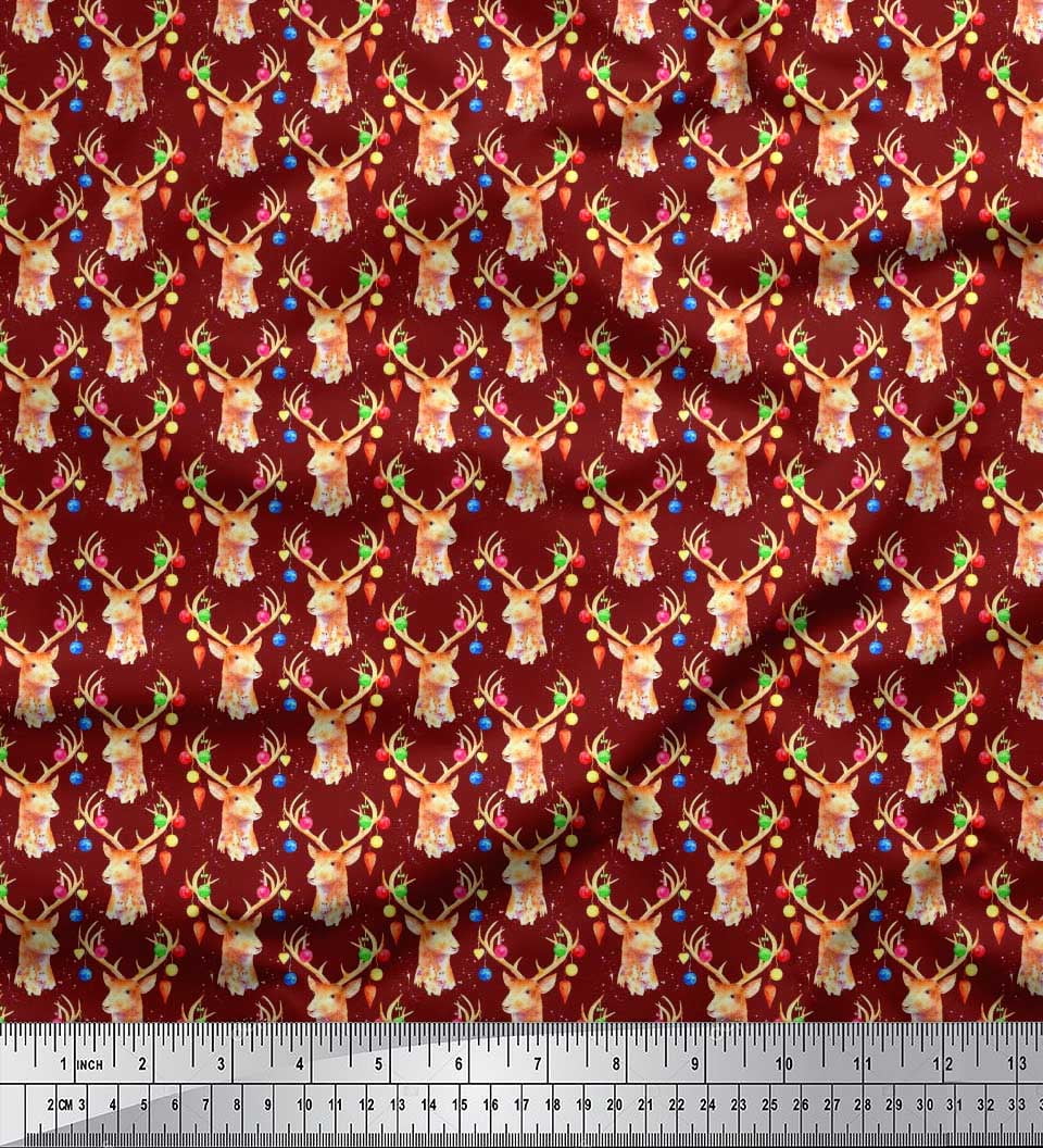 Soimoi Cotton Duck Fabric Christmas Baubles & Reindeer Face Animal Printed Fabric 1 Yard 56 Inch Wide