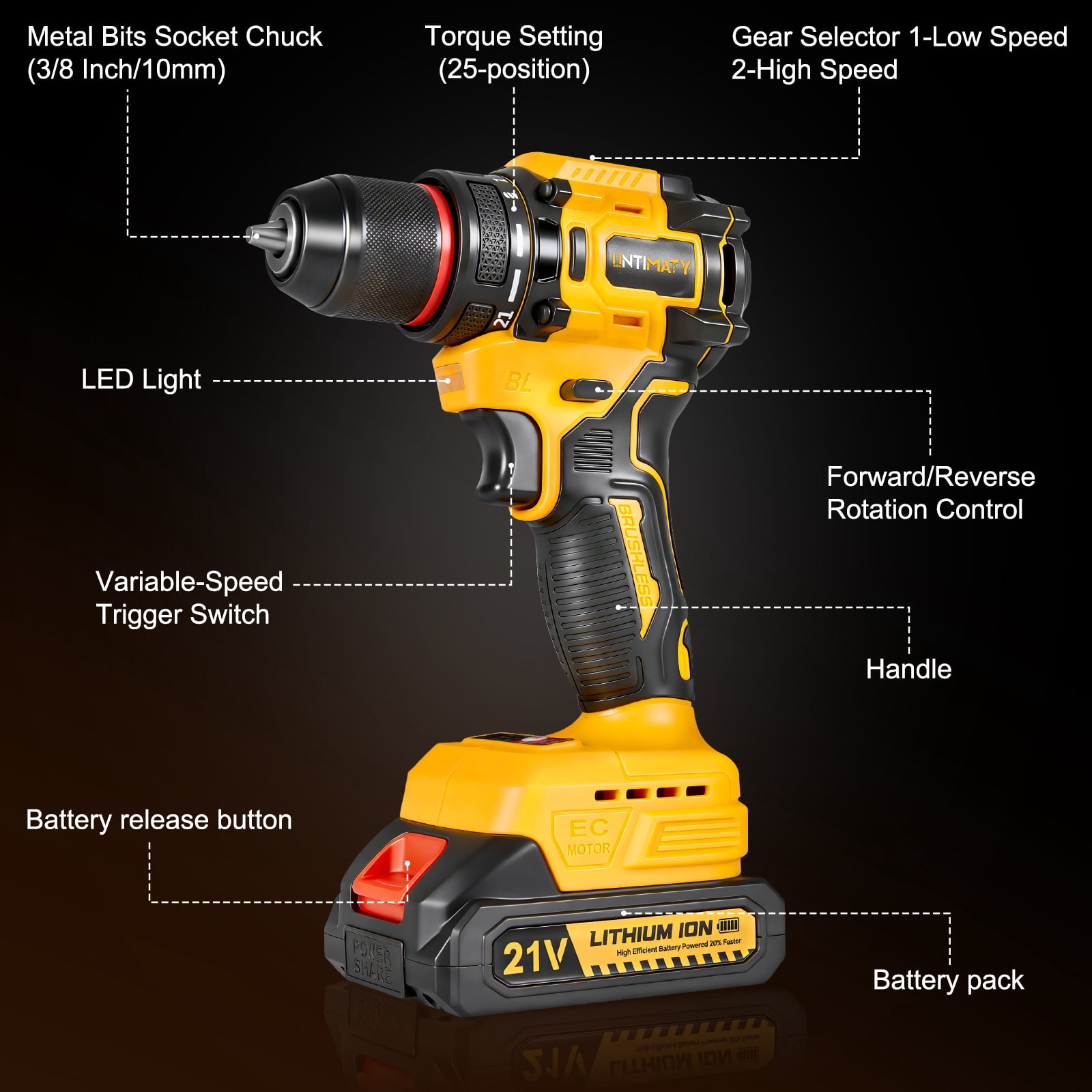 UNTIMATY Brushless Cordless Drill Driver Set, 21V Power Drill Set with Battery and Charger, 3/8" Keyless Chuck, 25+1 Position Electric Drill, 2-Speed Transmission For Screwdriving And Drilling