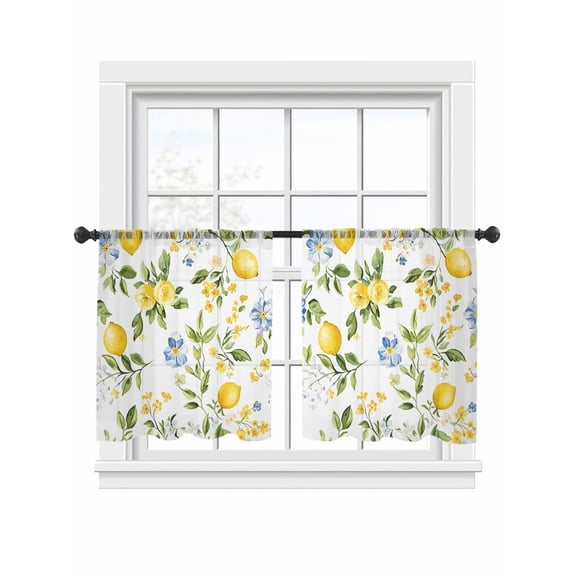 Summer Lemon Sheer Curtains 2 Panels Set Yellow Blue Floral Sheer Window Curtains Light Filtering Rod Pocket Voile Drapes for Bedroom Living Room 52"x45"