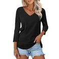 thumbnail image 2 of Black Young Adult Tops Women's V Neck 3/4 Sleeve Tops Color Block/Solid Shirts Basic Summer Tees Plus Size Tops for Women, 2 of 5