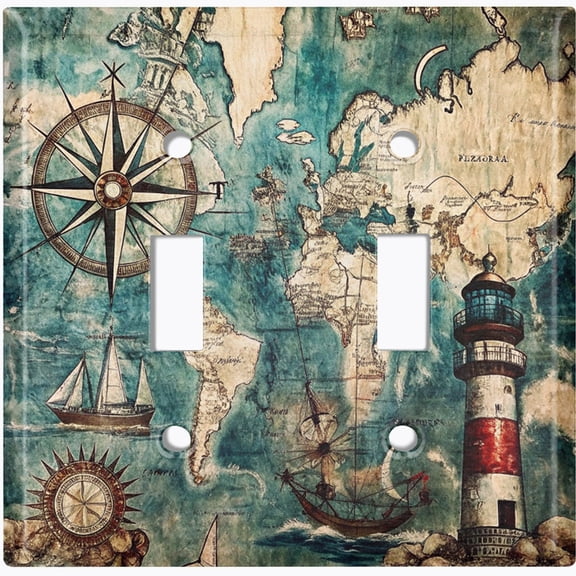 Metal Light Switch Wall Plate Outlet Cover (Printed Image of Vintage Nautical Lighthouse - Double Toggle)