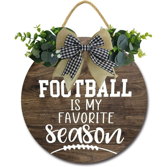 Eveokoki 12" Football Decoration Sign，Football is My Favorite Season Door Sign for Party Decoration Yard，Rustic Wooden Hanging Football Wreaths for Home Wall Decor Gift Outdoor Indoor