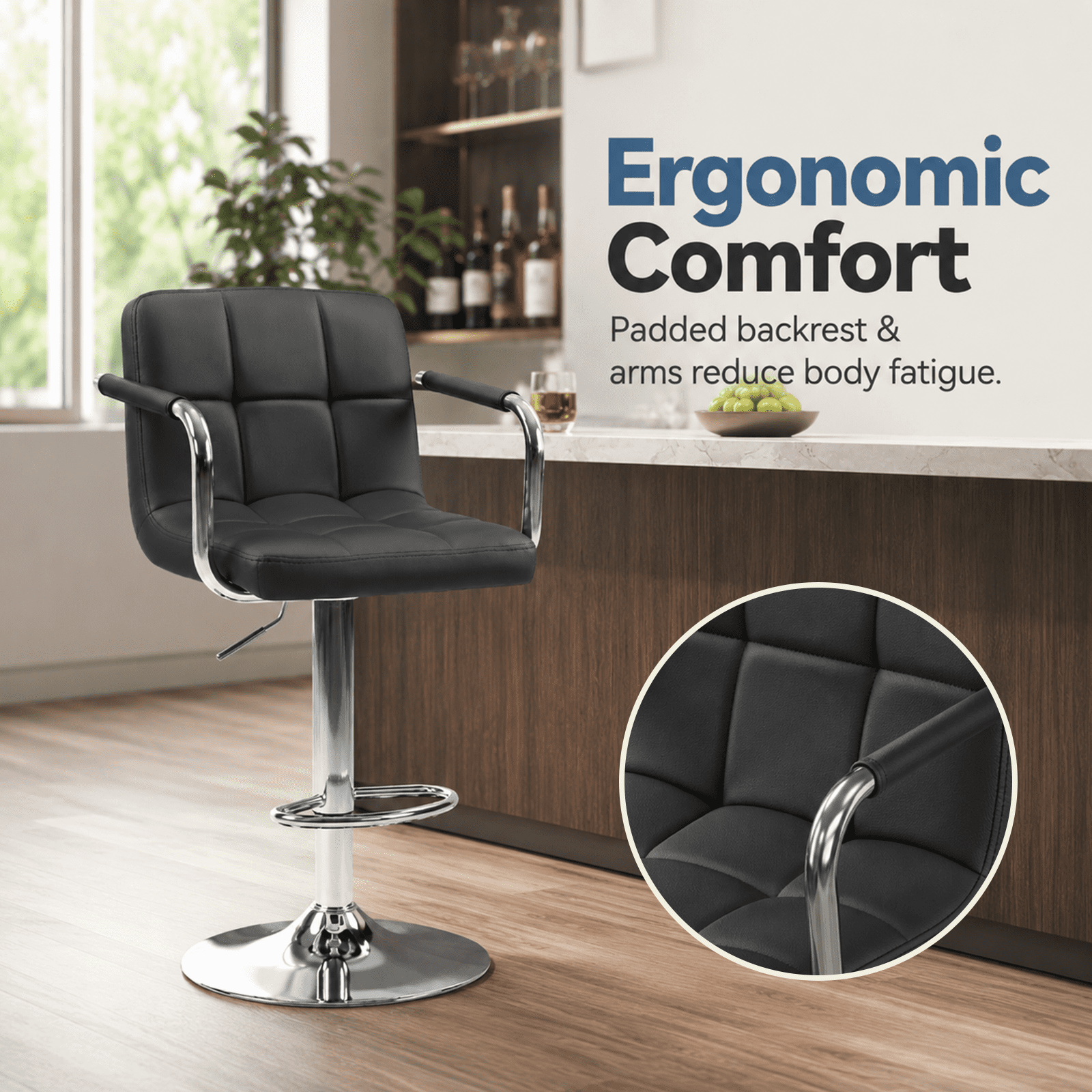 Alvantor 2-Pack Bar Stools, PU Leather Height Adjustable Swivel/ Arms Barstools, Hydraulic Kitchen Counter Height Bar Chairs, Made of Waterproof Polyurethane Leather Material