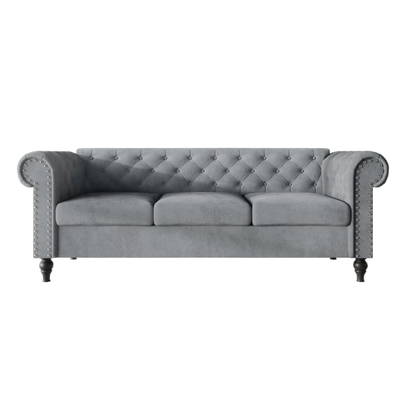Home Design Kelso Velvet Rolled Arm Sofa with Deep Button Tufting, Nailhead Trim and Turned Legs, Gray