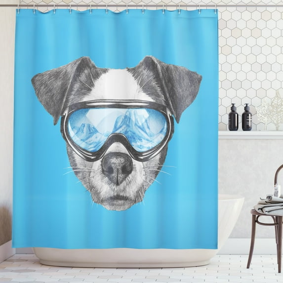 Jack Russell Shower Curtain, Portrait of Jack Russell Dog with Ski Goggles Hand Drawn Illustration, Fabric Bathroom Set with Hooks, 69W X 84L Inches Extra Long, Dark Grey Blue Grey, by Ambesonne