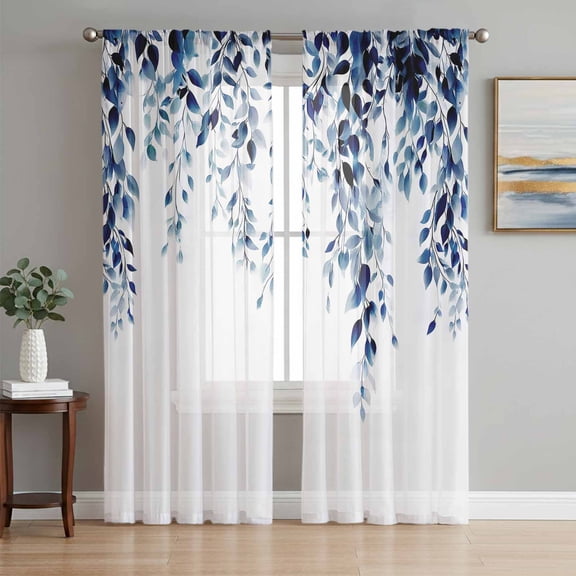 Blue Eucalyptus Semi Sheer Curtains 108 Inch Length 2 Panels Set, Weeping Botanical Leaf Watercolor Sheer Kitchen Curtain Privacy Voile Window Curtain for Living Room Bedroom Rod Pocket Drapes