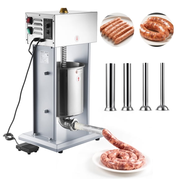 VEVOR Electric Sausage Stuffer, 22 LBS / 10 L Vertical Meat Filler with Stepless Speed Adjustment, Stainless Steel Sausage Stuffing Machine, Foot Pedal & 4 Filling Tubes, for Commercial and Home Use