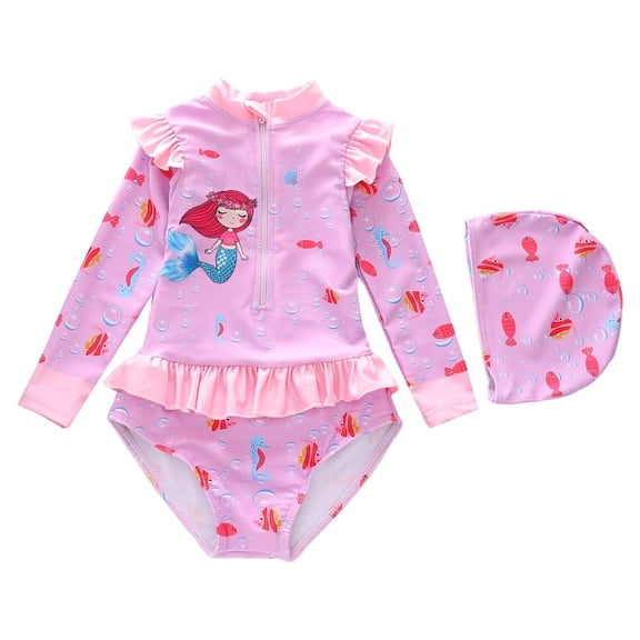 BOOMNY Toddler Girls 2 Peice Swimsuits Long Sleeve Bathing Suit for Kids Cartoon Graphic Lightweight Summer Vacation Beach Swimwear