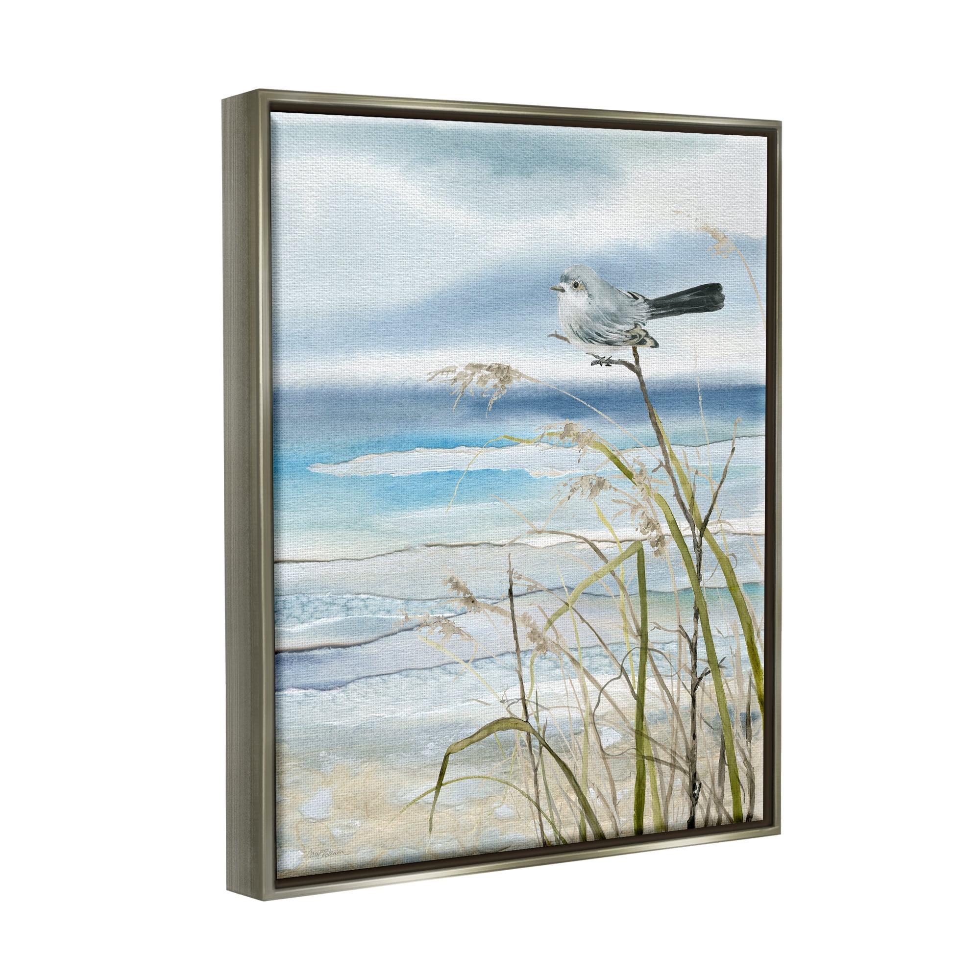 Stupell Industries Bird & Abstract Beach Animals & Insects Painting Gray Floater Framed Canvas Art Print Wall Art, 25 x 31