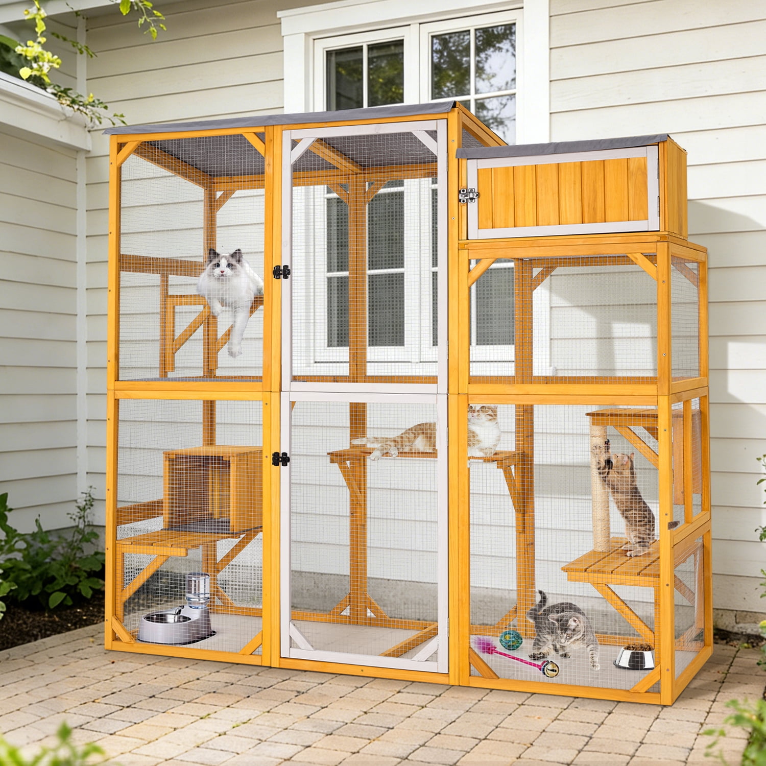 Wooden Outdoor Catio Enclosure for Pets with Scratching Post, Multi-Level Perches & Hideaways, Weatherproof Indoor/Outdoor Cat House with Roof, 5 Platforms & Resting Den, UV-Resistant