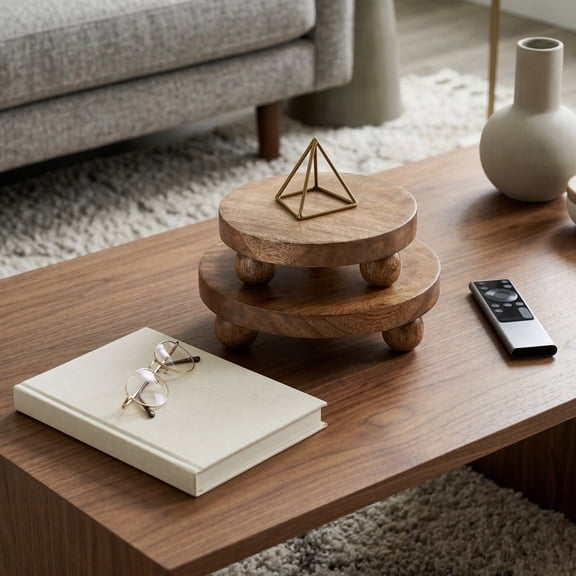 House Decor Trays for Bed or Coffee Table - Round Wooden Riser Trays with Ball Feet for Home Accent or Centerpiece Decorations - Modern Accent for Trinket, Jewelry, or Vanity - Set of 2, 3", Brown