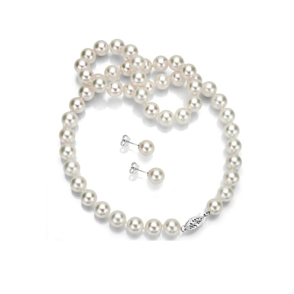 ADDURN 14Kt White Gold Japanese Akoya Cultured Pearl 18 Necklace and Earrings Set, AAA  Quality. Various Pearl Sizes Available.