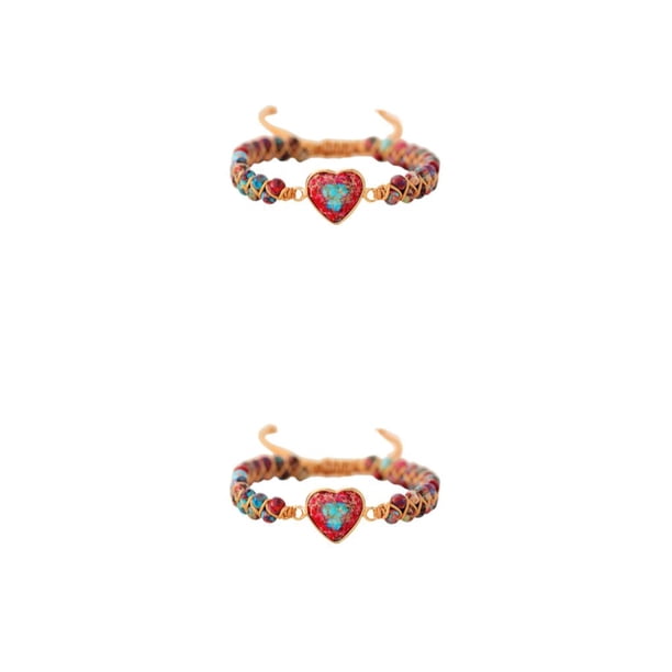 Jumpingount elegante y moderna con forma de corazón para mujer, piedras preciosas naturales, pulseras trenzadas con cuentas de piedra hechas a Rojo 2Conjunto