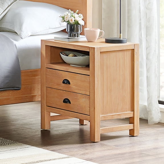 Alaterre Furniture Arden Solid Wood Night Stand with 2 Drawers and Open Shelf (Light Driftwood)