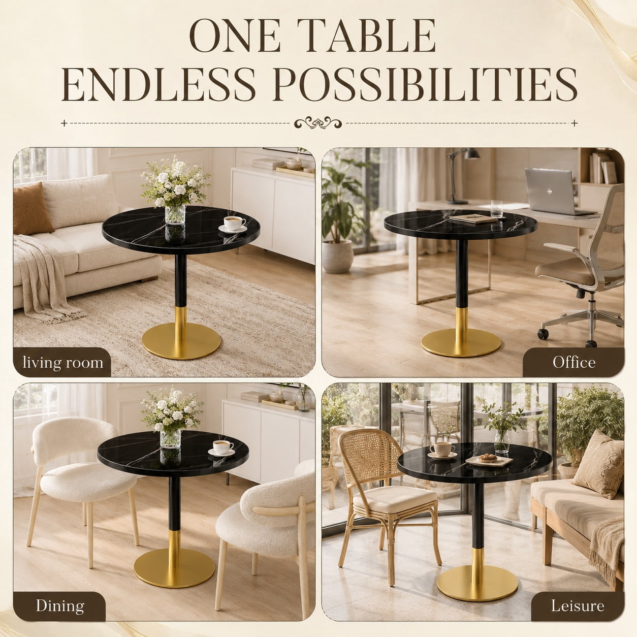 Aukfa 31.5" Round Sintered Stone Dining Table for 2-4, Kitchen Table Tulip Table with Gold Pedestal Base for Bistro Small Apartment,Nero Black