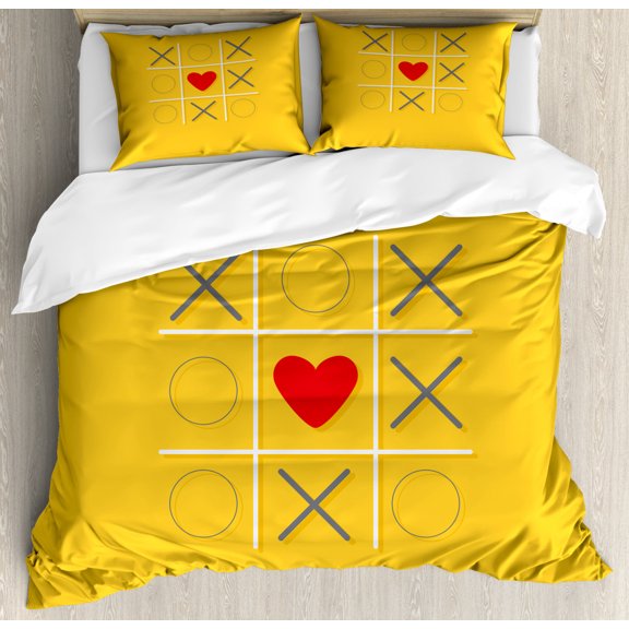 XOXO Duvet Cover Set King Size, Tic Tac Toe Game Inspired X and O Symbols with Heart Symbol Love Center, Decorative 3 Piece Bedding Set with 2 Pillow Shams, Mustard Grey Vermilion, by Ambesonne