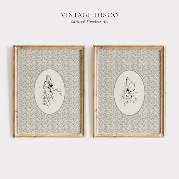Luvia Vintage Butterfly Sketch Set Of 2 Neutral French Country Decor, Cottagecore Print, Nancy Meyers Farmhouse Gallery Wall, Modern Wall Decor Set 2 Prints 8x12 UNFRAMED