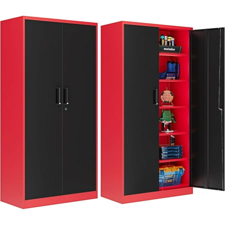 

Metal Storage Cabinet with Lock，71 Garage Storage Cabinet with 5 Adjustable Shelves Tall Tool Cabinets for Garage Home Office Gym School Red & Black