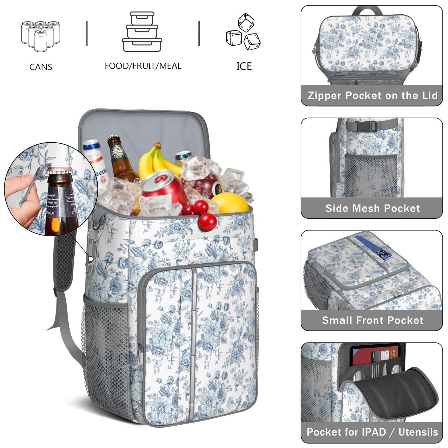 Travel Cooler Bag - Pioneer Flower Floral Print Pattern Camping Beer Cooler Backpack with Bottle Opener- Waterproof Insulated Picnic Backpacks - Cooler Bag for Beach