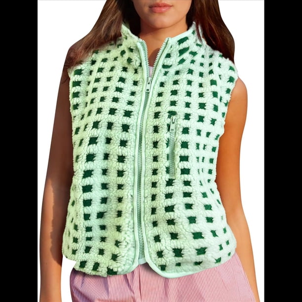 Chaleco de Cuadros para Mujer, Sin Mangas, de Forro , de Invierno, con Cuello Alto, Cremallera y Bolsillo en el Pecho. Amarillo-Verde S