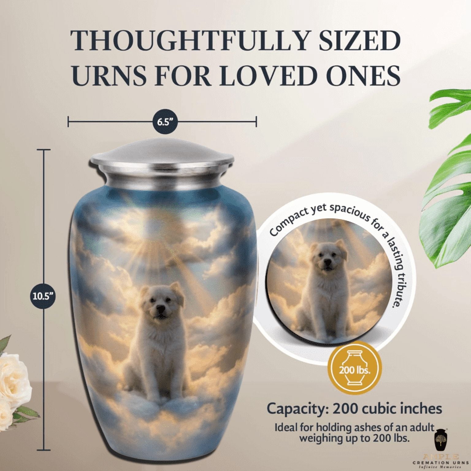 Dog Urn for Ashes Large Heaven Theme Pet Memorial Aluminum Cremation Urn Secure Lid 10 INCH