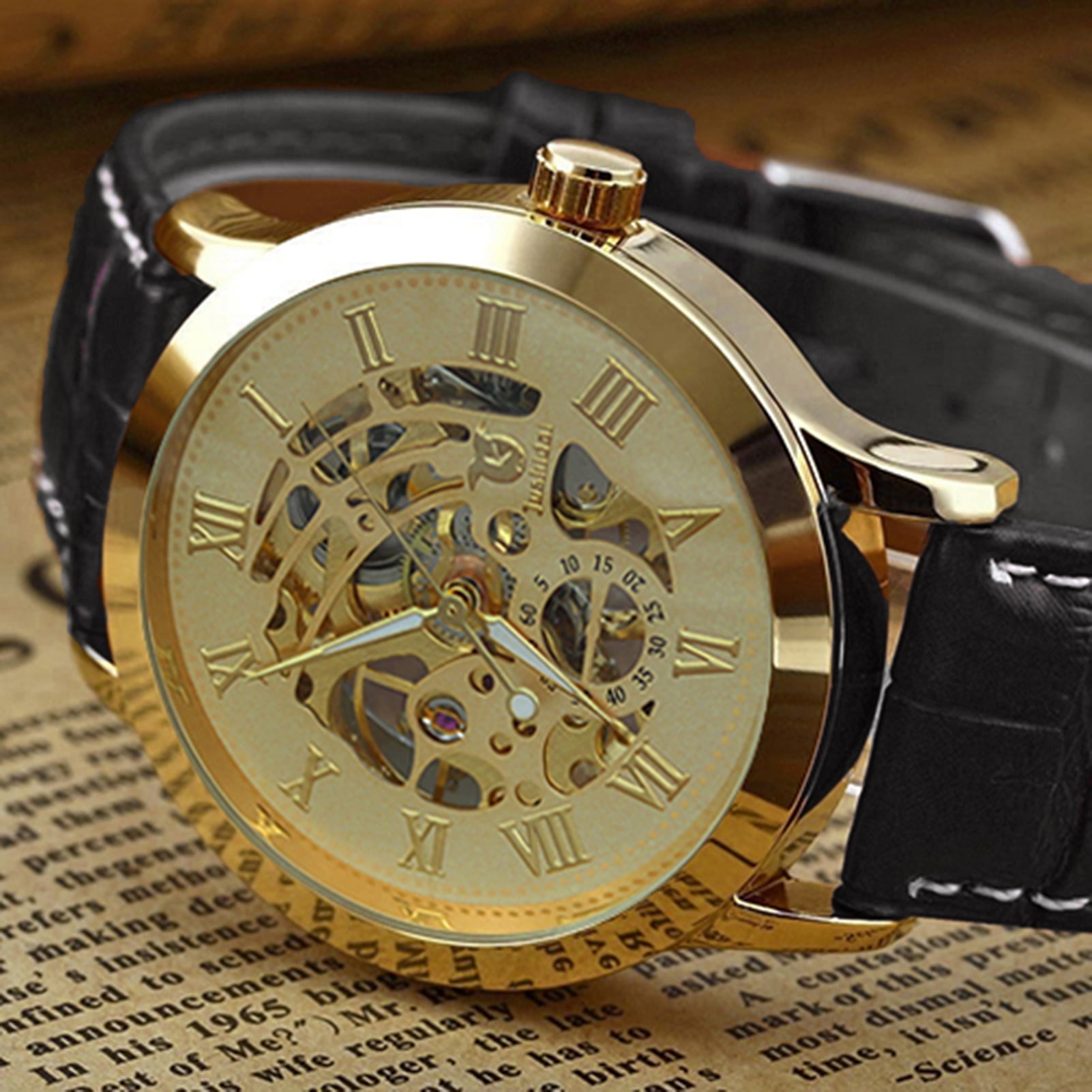 NUZYZ Men Fashion Roman Numerals Mechanical Skeleton Hollow Dial Business Wrist Watch
