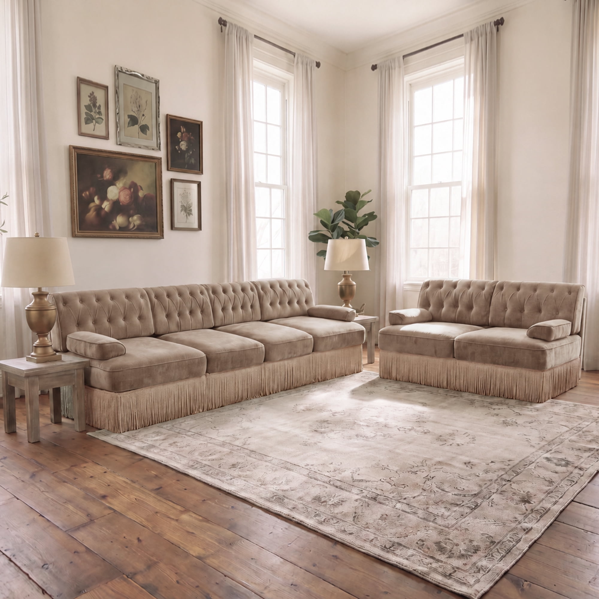 2‑Piece Sectional Sofa Set, 1 Pcs Loveseat & 1 Pcs 135" 4‑Seater Sofa Couch Set with Tassel Skirt