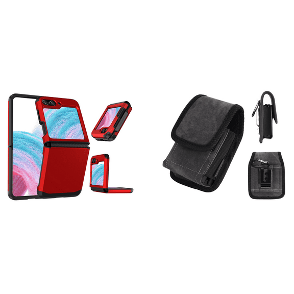 Bemz Phone Case for Galaxy Z Flip 5 with Tough Rugged Dual Layer Armor (Hinge Protection) Cover, Rugged Nylon Denim Secure Loop Belt Holster Pouch (Red)