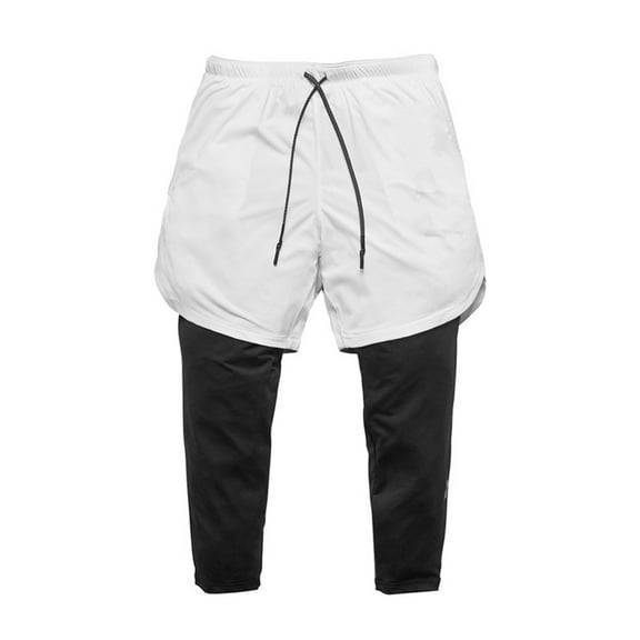 IYTR Men's 2 in 1 Running Shorts Compression Tights Workout Gym Fitness Sports Pants with Phone Pocket White XXL