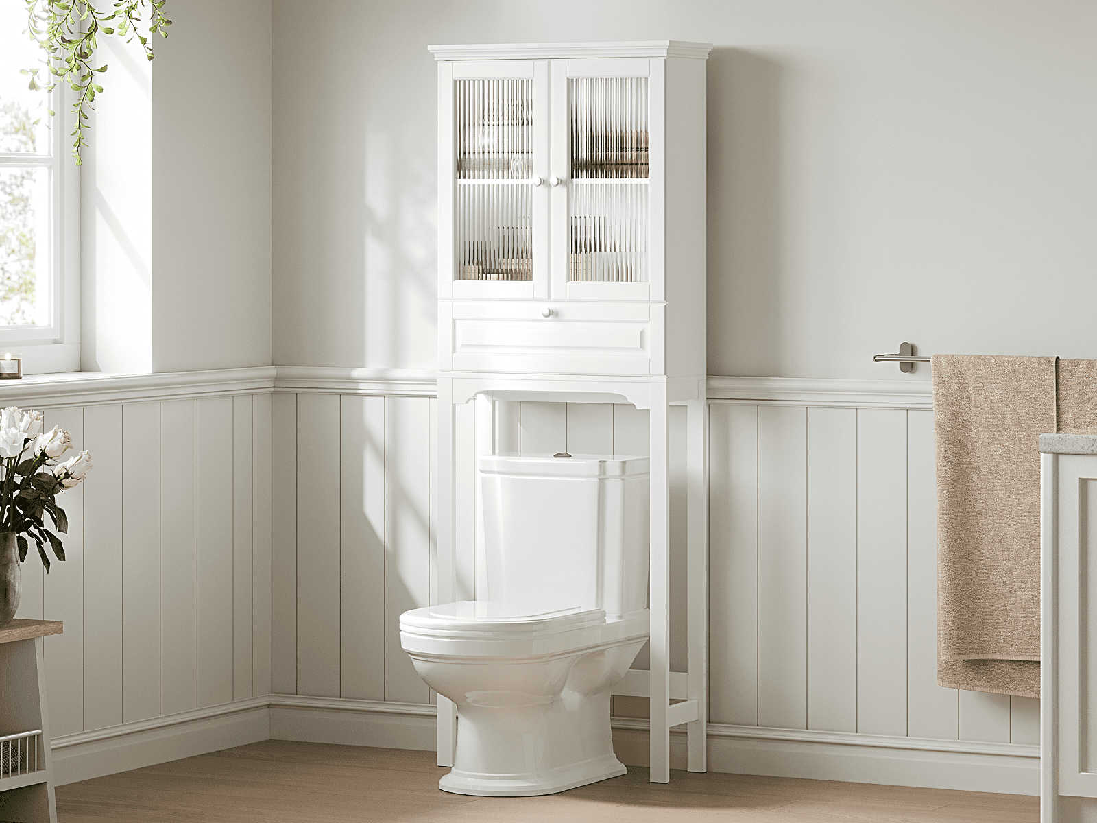 STAROUS Over-the-Toilet Storage Cabinet with Muro Glass Doors & Tilt-Out Cube, White